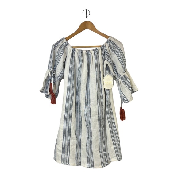 Altar'd State Gretchen Linen Stripe Tassle Off Shoulder Dress SZ S - Picture 2 of 12